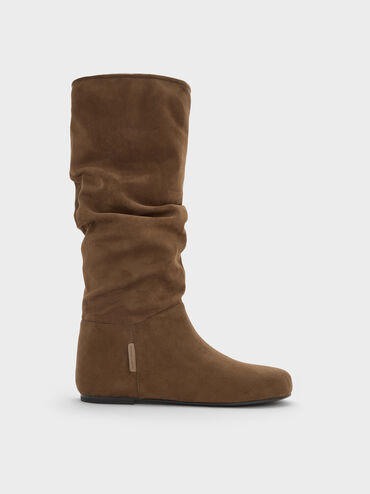 Faux Suede Ruched Knee-High Boots, Brown, hi-res
