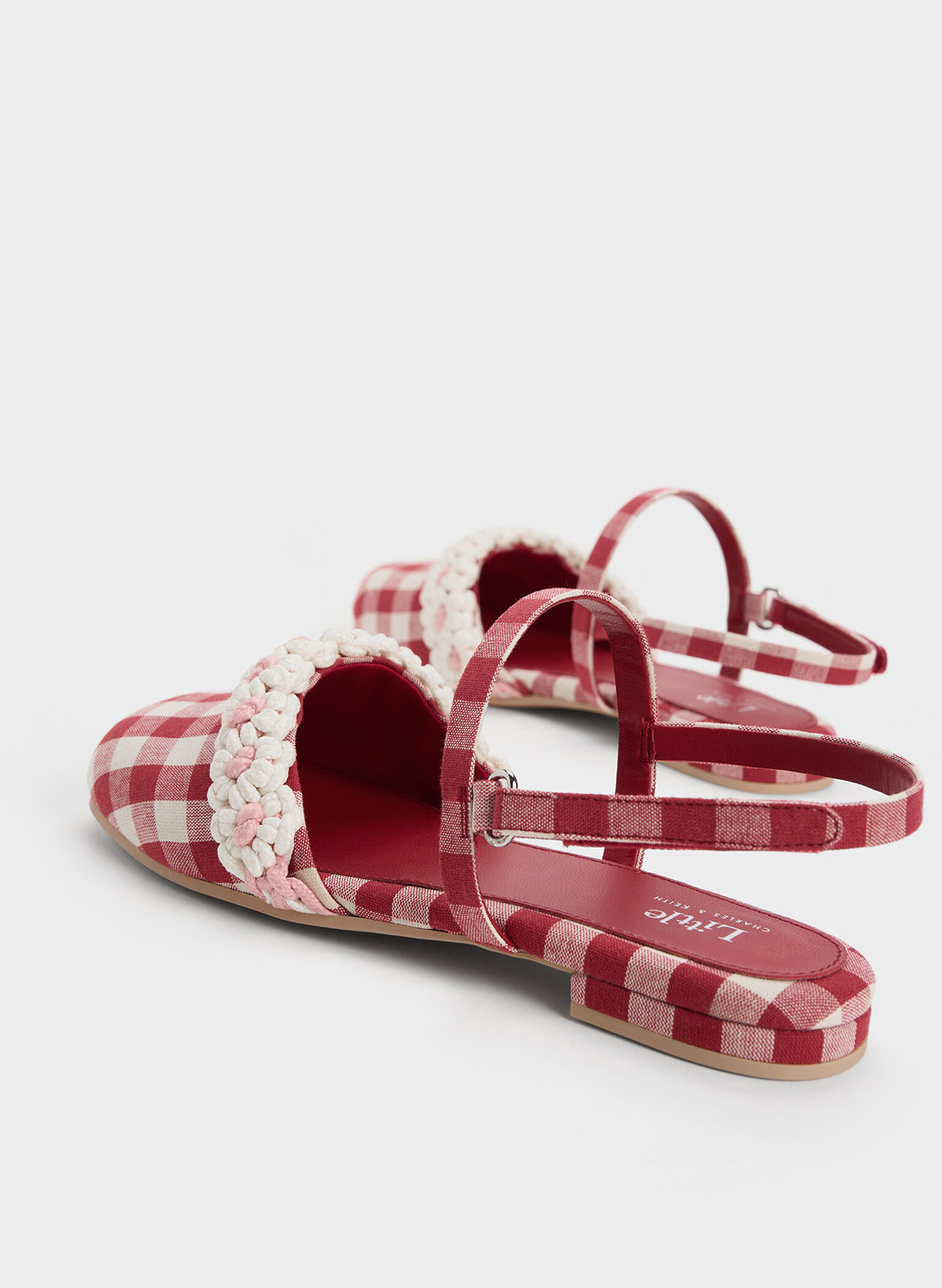Girls' Floral Crochet Checkered Slingback Flats, Red, hi-res
