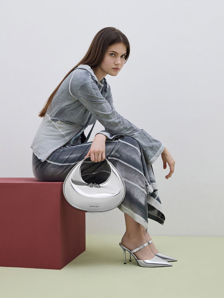 Metallic Crescent Hobo Bag, Silver, hi-res
