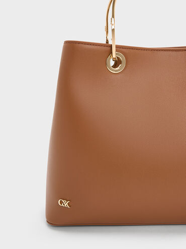 Leather Ring-Handle Bag, Cognac, hi-res