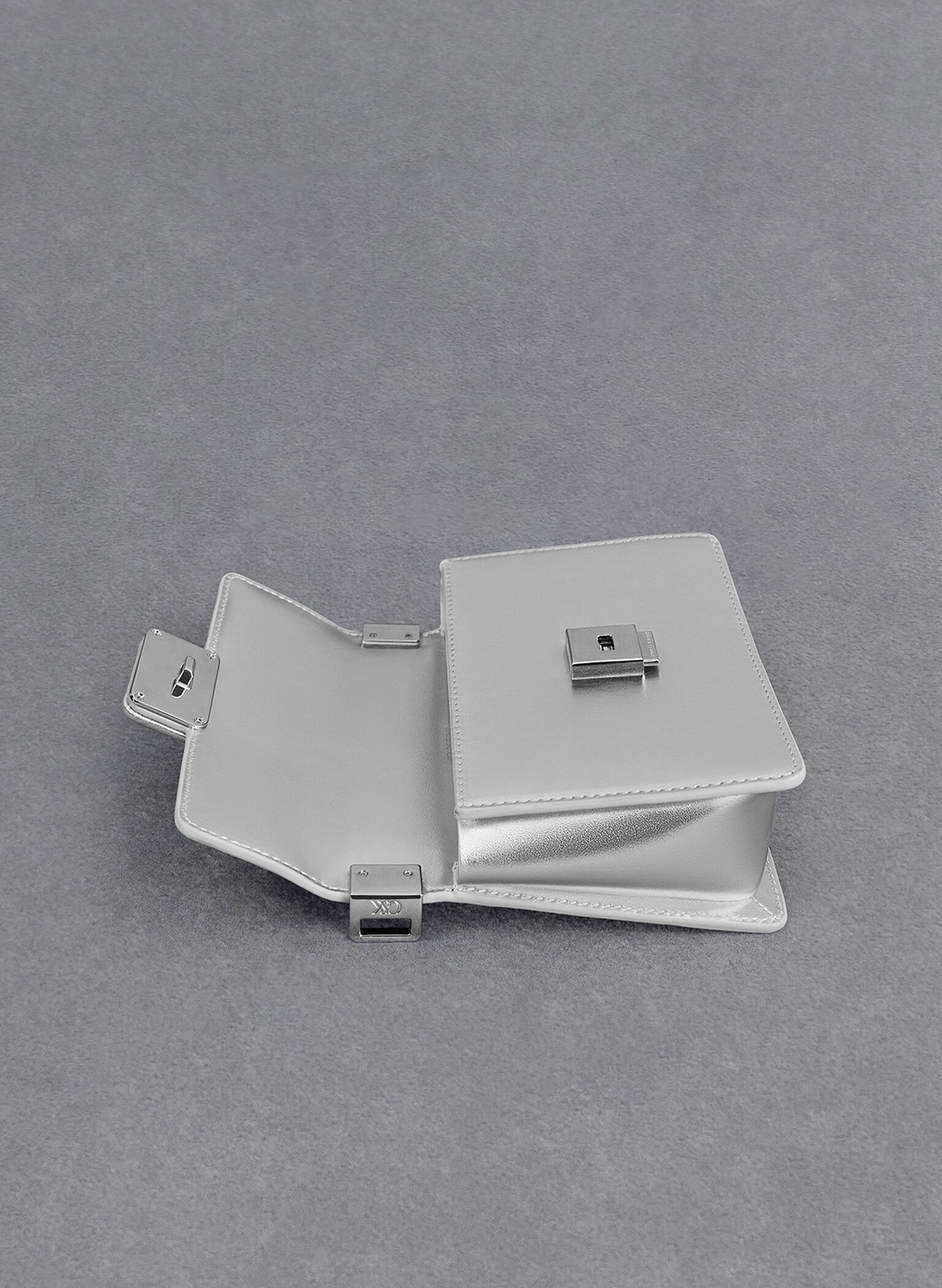 Leather Metallic Boxy Bag, Silver, hi-res