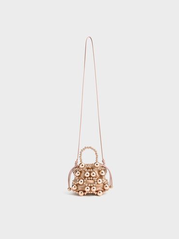 Metallic Beaded Top Handle Bag, Rose Gold, hi-res