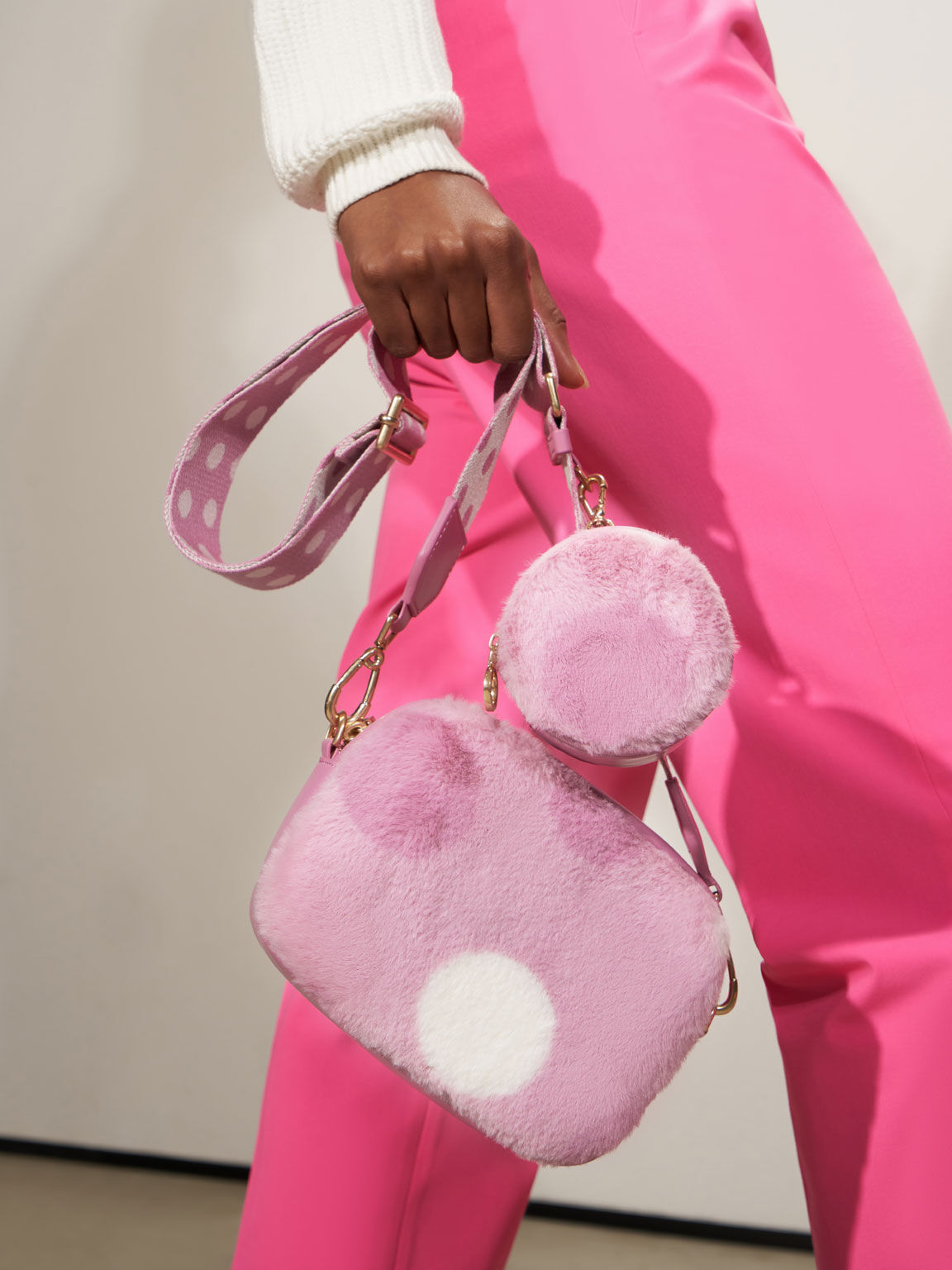 Chailly Furry Panelled Crossbody Bag & Pouch, Pink, hi-res