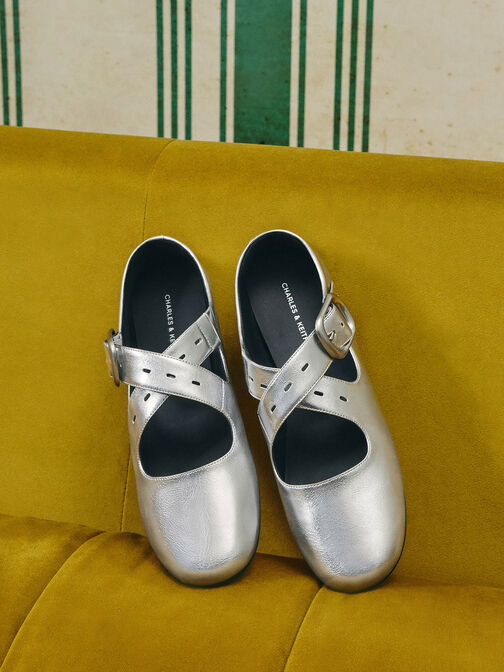 Metallic Crossover-Strap Mary Janes, Silver, hi-res