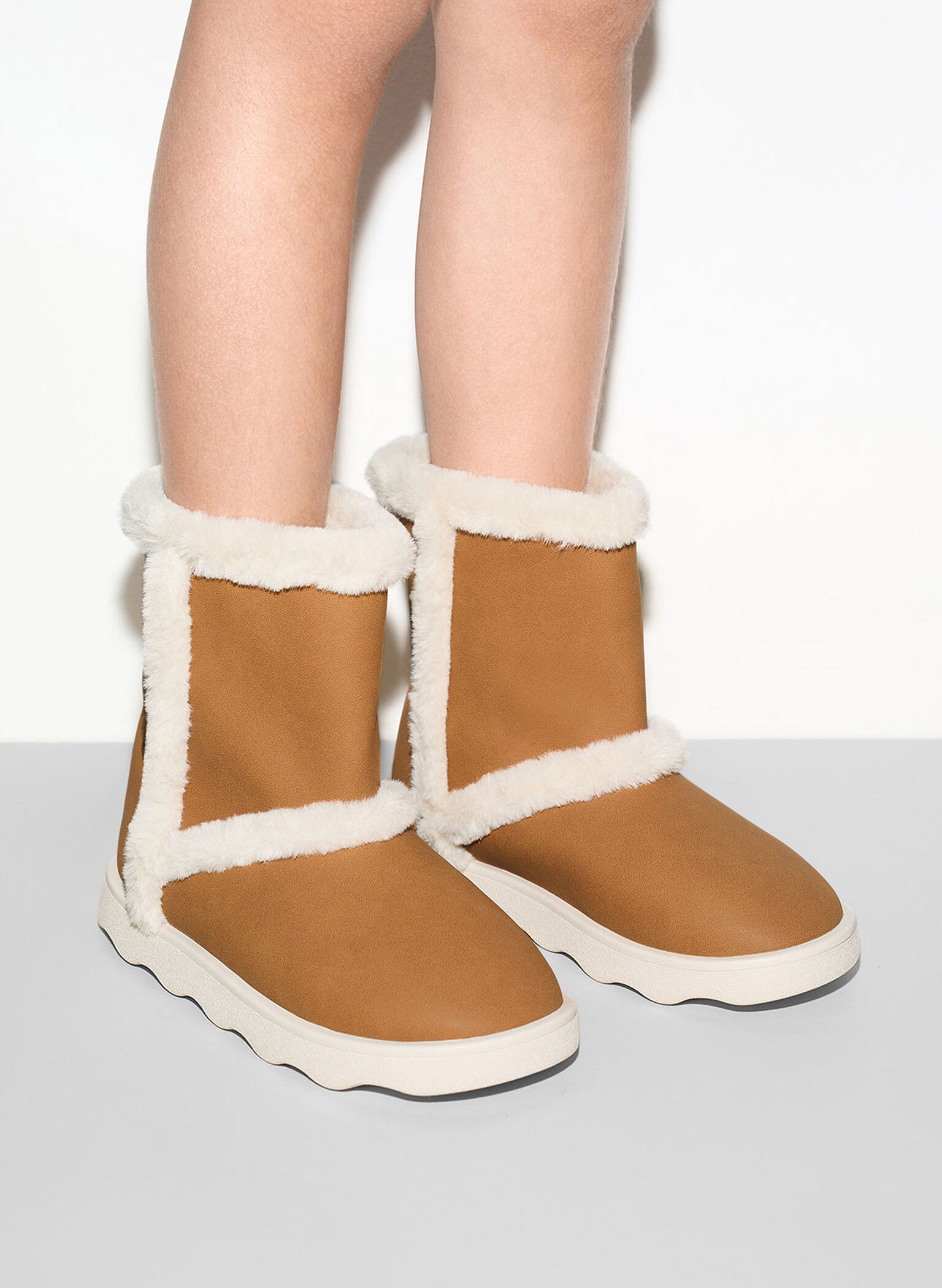 Girls' Fur-Trim Textured Ankle Boots, Camel, hi-res