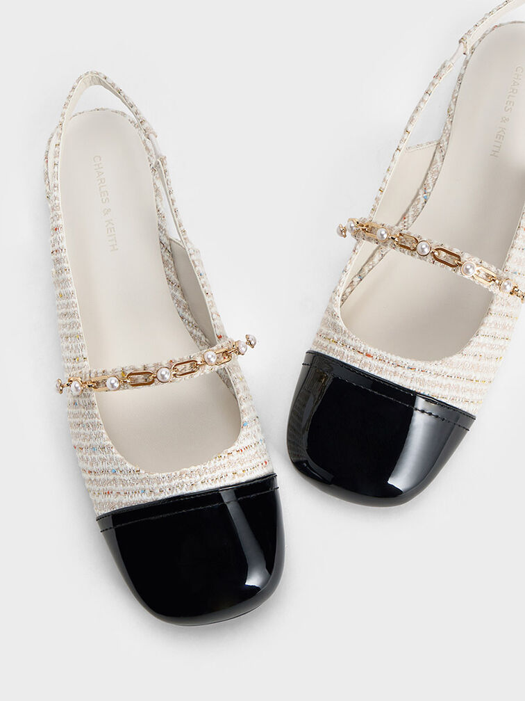 Rio Tweed Beaded Chain-Link Slingback Flats, Cream, hi-res