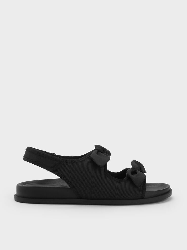 Silk Knotted-Bow Double-Strap Slingback Sandals, Black Textured, hi-res