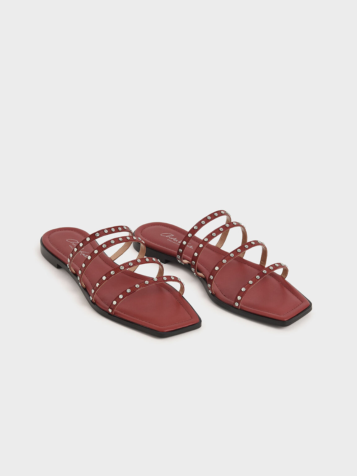 Studded Leather Flat Sandals, Brick, hi-res