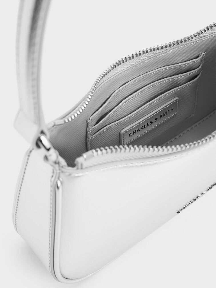 Elspeth Metallic Curved Shoulder Bag, Silver, hi-res