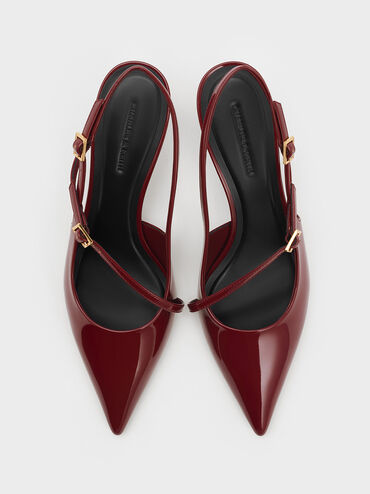 Patent Buckled Sculptural-Heel Slingback Pumps, Red, hi-res