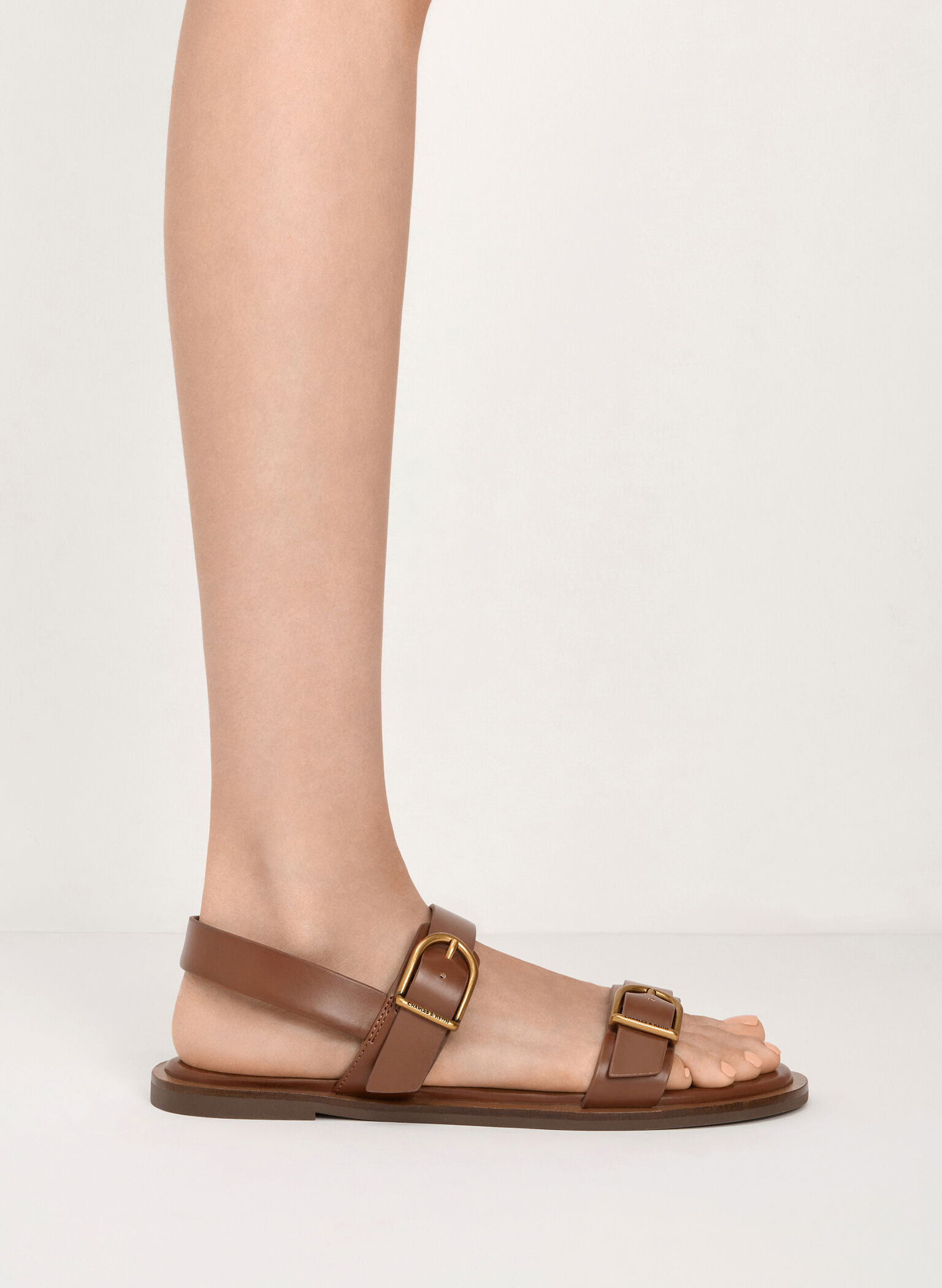 Double Buckle-Strap Slingback Sandals, Brown, hi-res