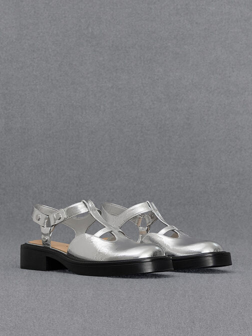 Metallic Leather Cut-Out T-Bar Mary Jane Flats, Silver, hi-res