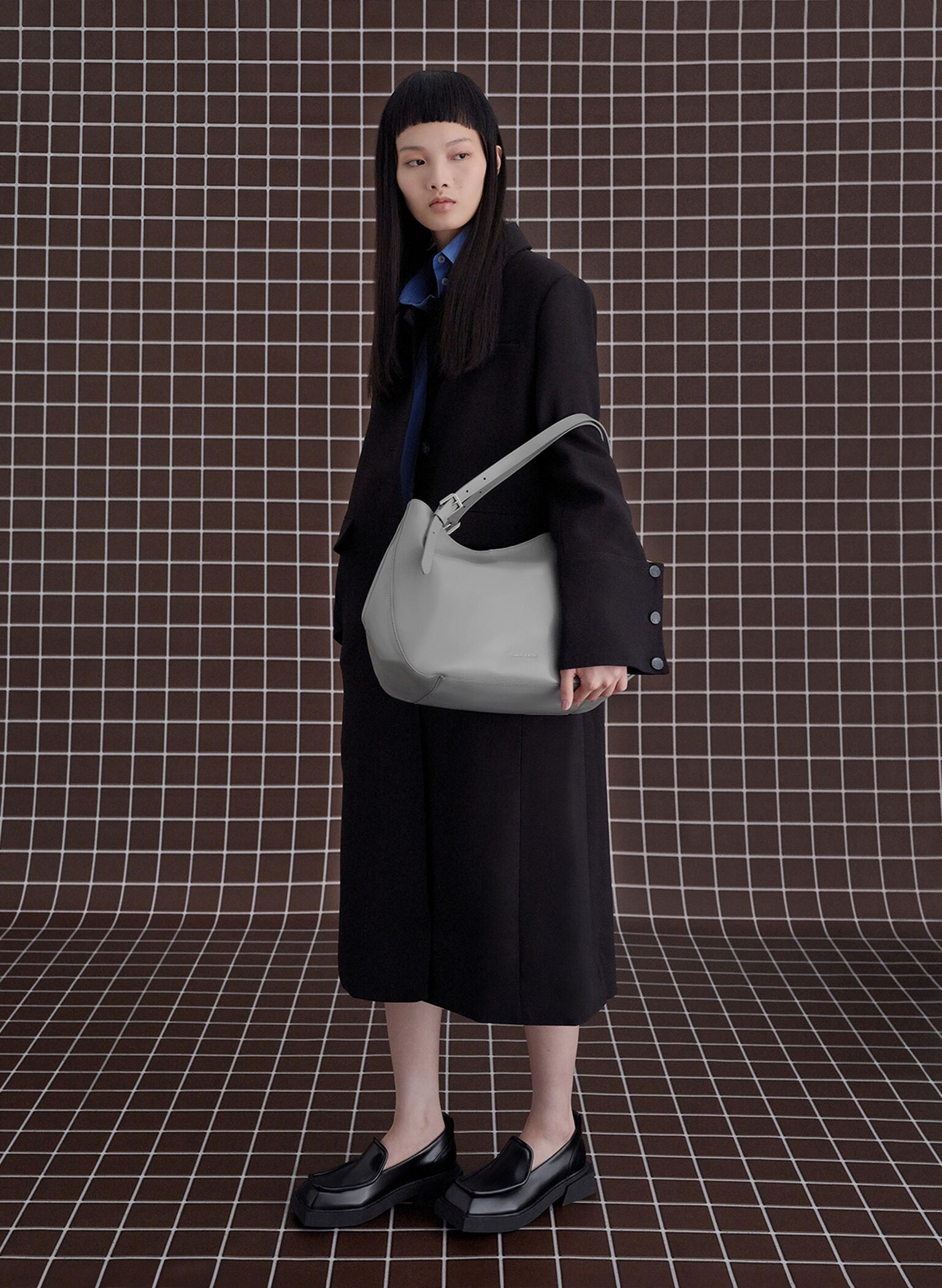 Buckle-Strap Slouchy Tote Bag, Grey, hi-res