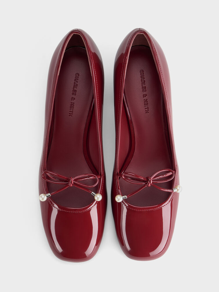 Barbara Patent Pearl-Embellished Bow Ballet Pumps, Red, hi-res
