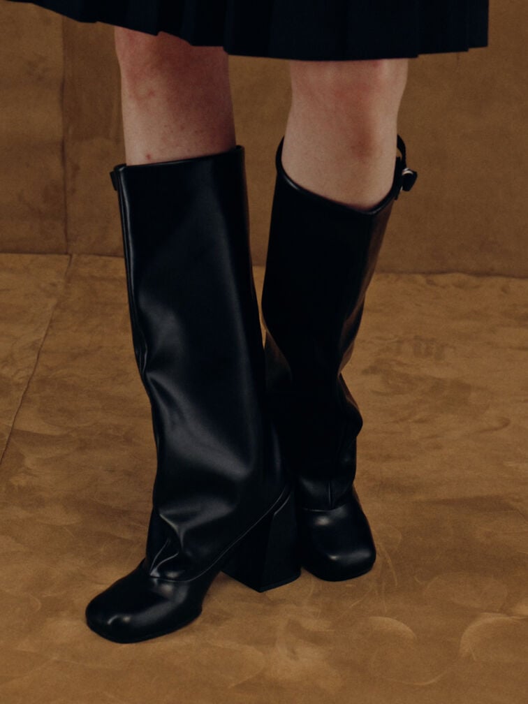 Robbie Side-Buckle Block-Heel Knee-High Boots, Black, hi-res
