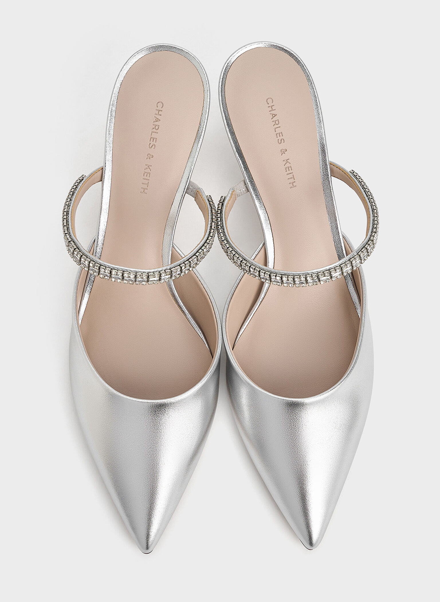 Ambrosia Metallic Gem-Embellished Pointed-Toe Mules, Silver, hi-res