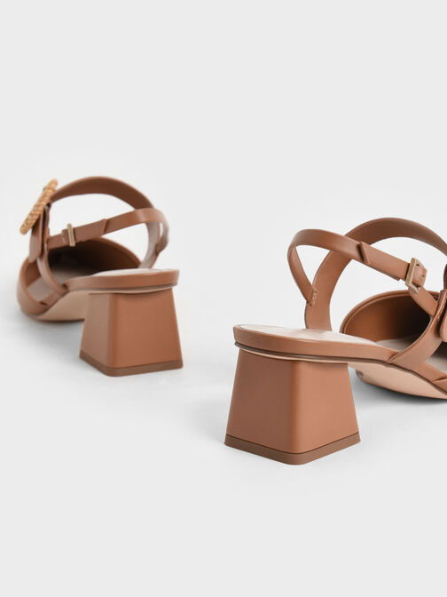 Woven Buckle Slingback Heeled Pumps, Caramel, hi-res