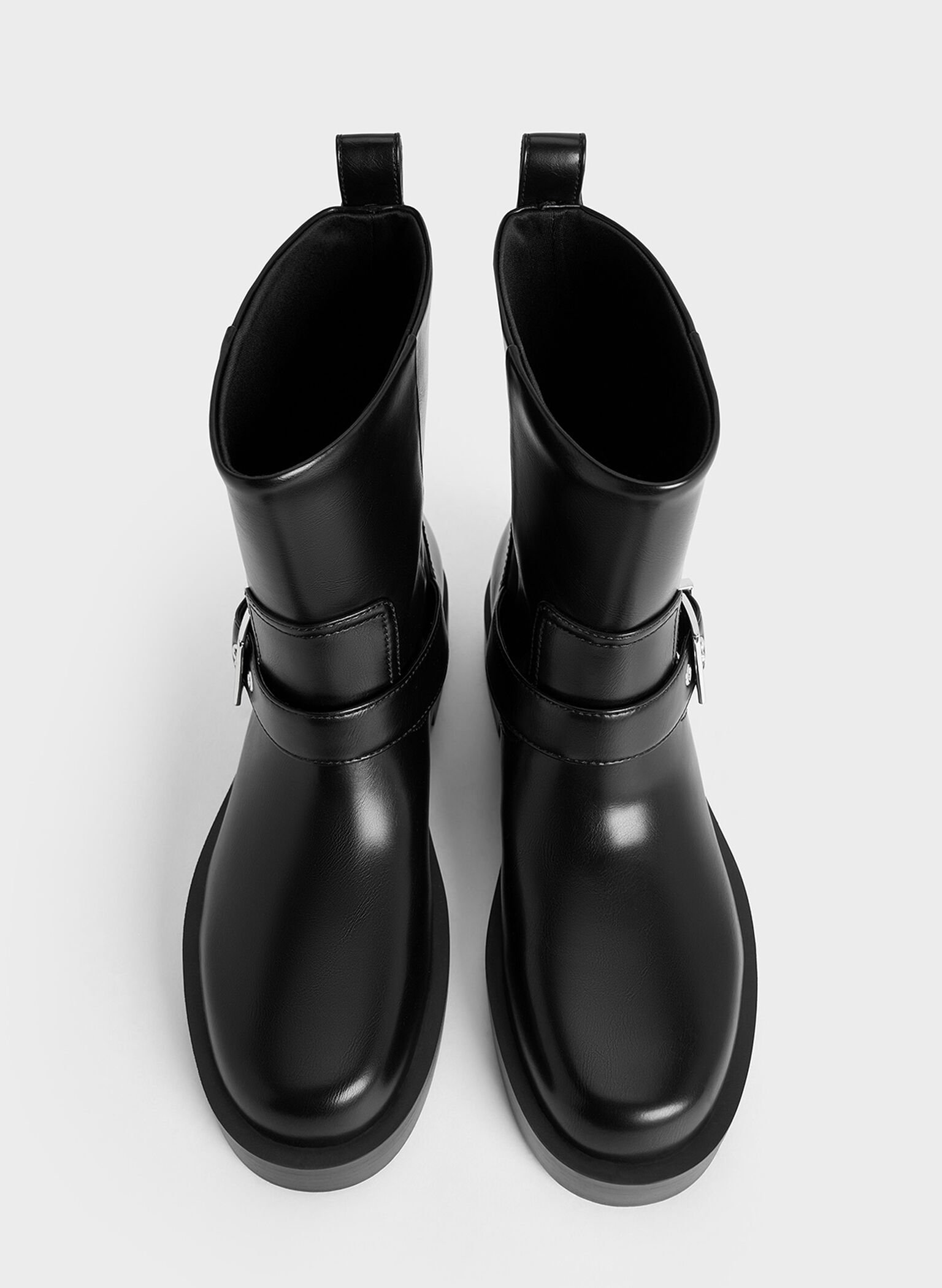 Buckle-Strap Biker Boots, Black, hi-res