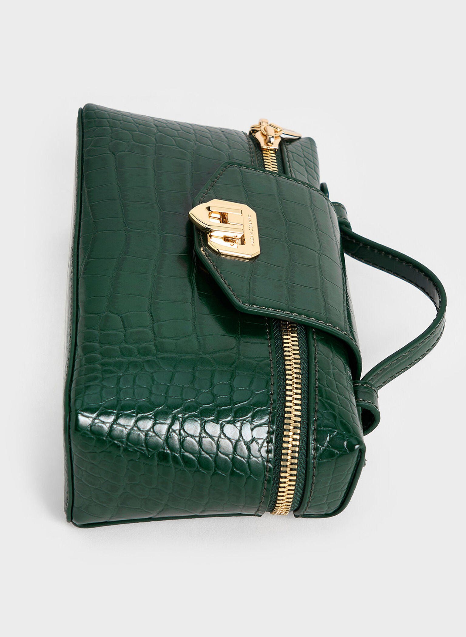 Arwen Croc-Effect Top Handle Vanity Bag, Dark Green, hi-res
