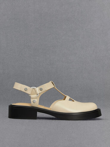 Leather Cut-Out T-Bar Mary Jane Flats, Chalk, hi-res