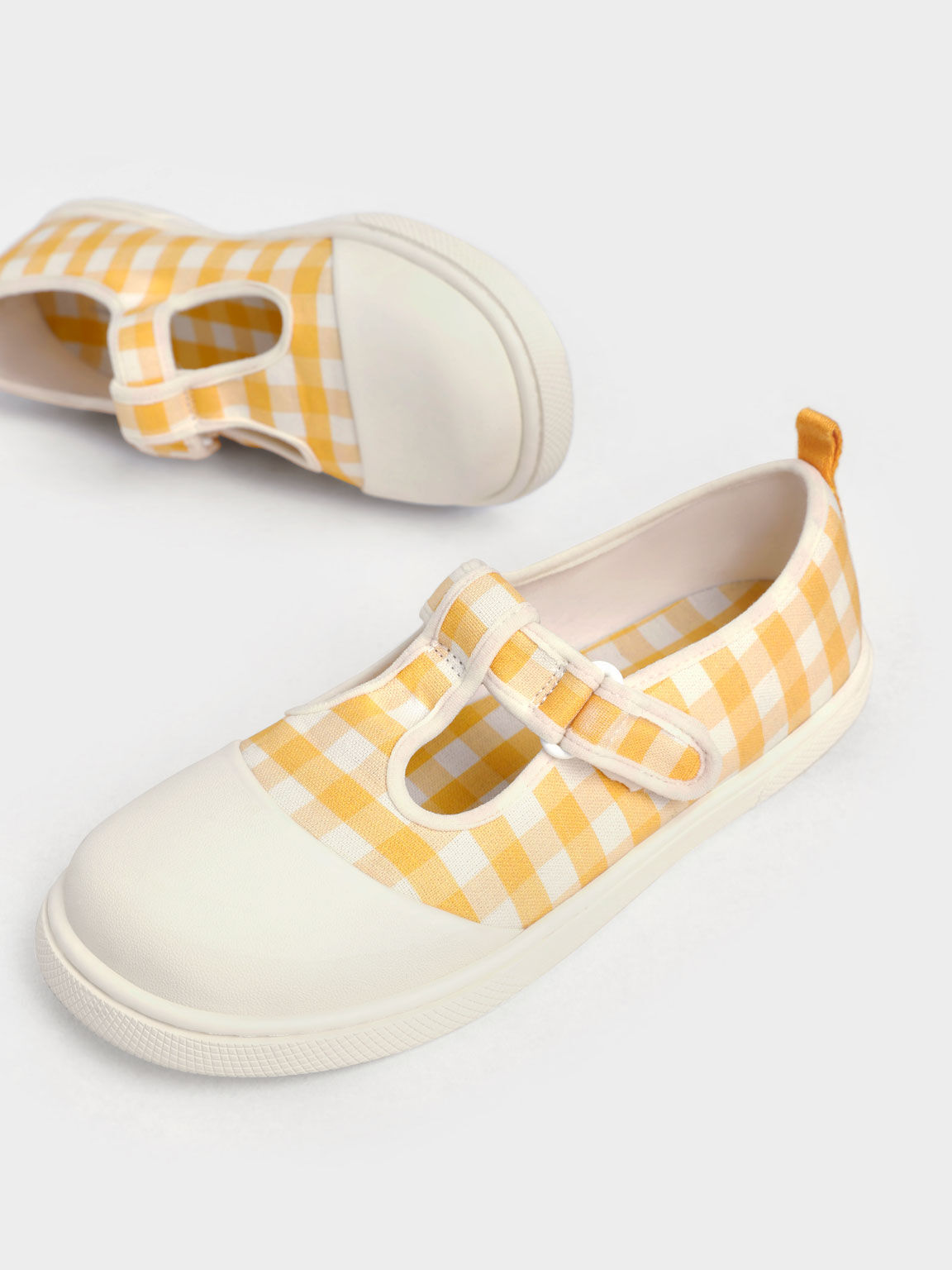 Yellow Girls Linen Front Strap Gingham Print Shoes CHARLES
