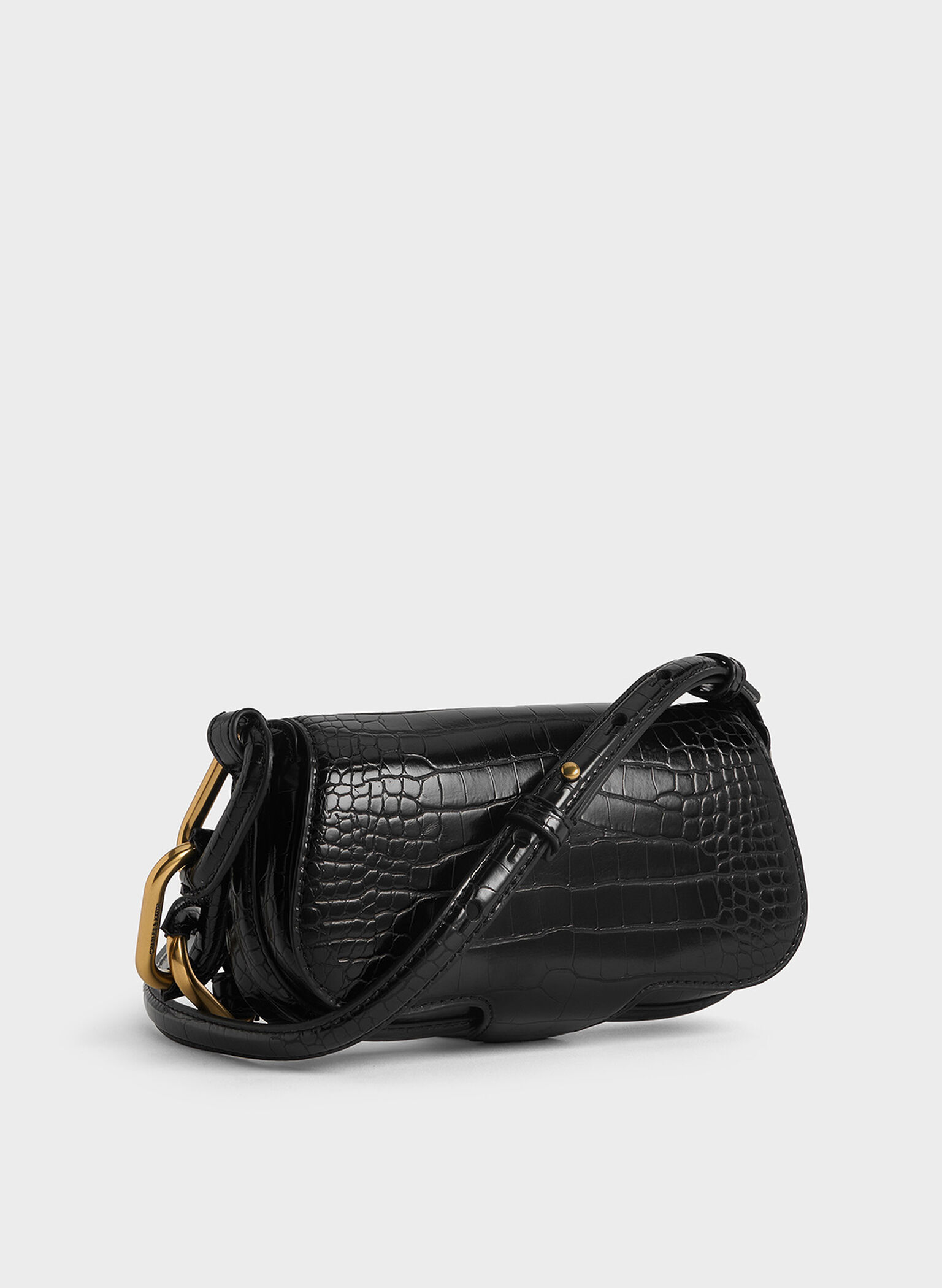 Mini Kora Croc-Effect Metallic-Accent Elongated Bag, Black, hi-res