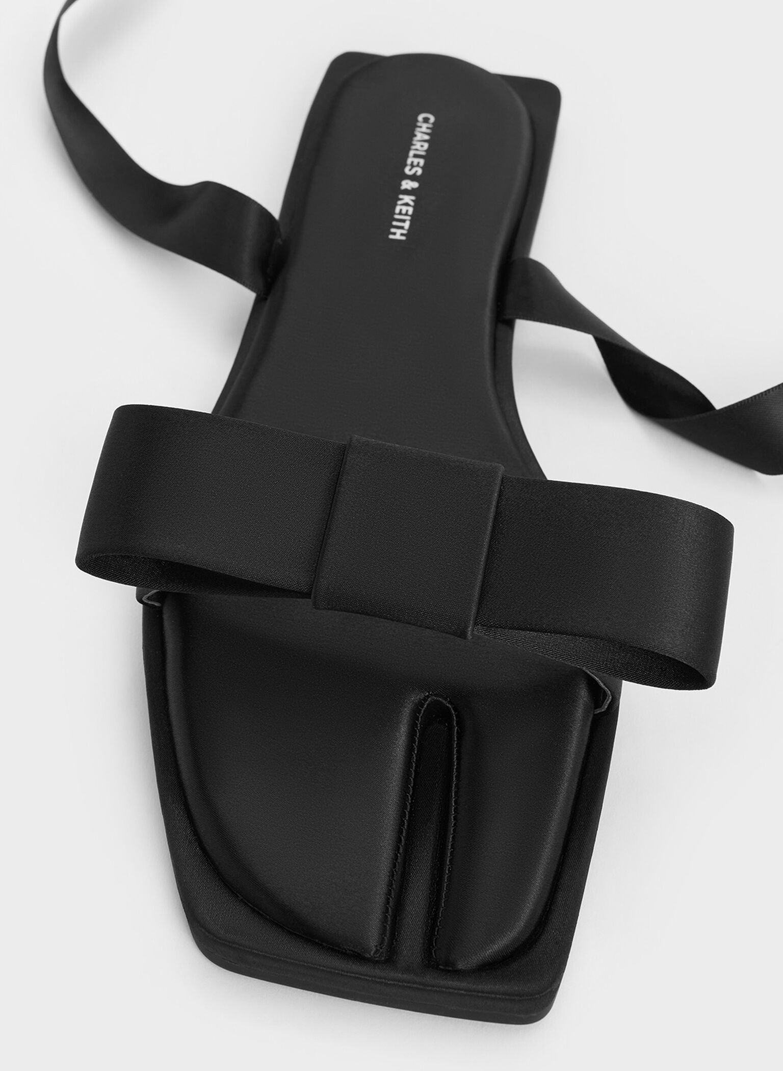 Satin Bow Tie-Around Flat Sandals, Black Textured, hi-res