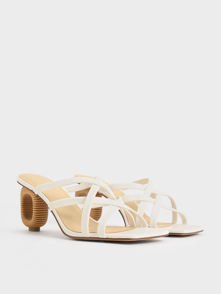 Sculptural-Heel Strappy Mules, White, hi-res