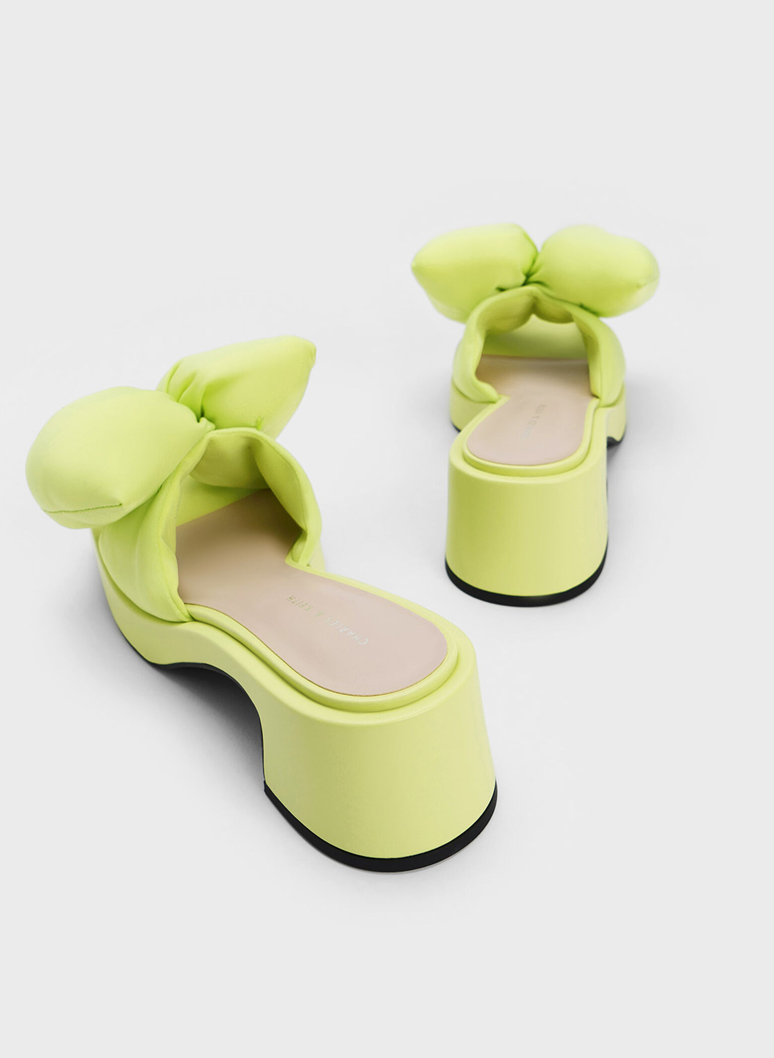 Puffy Bow Heeled Mules, Lime, hi-res