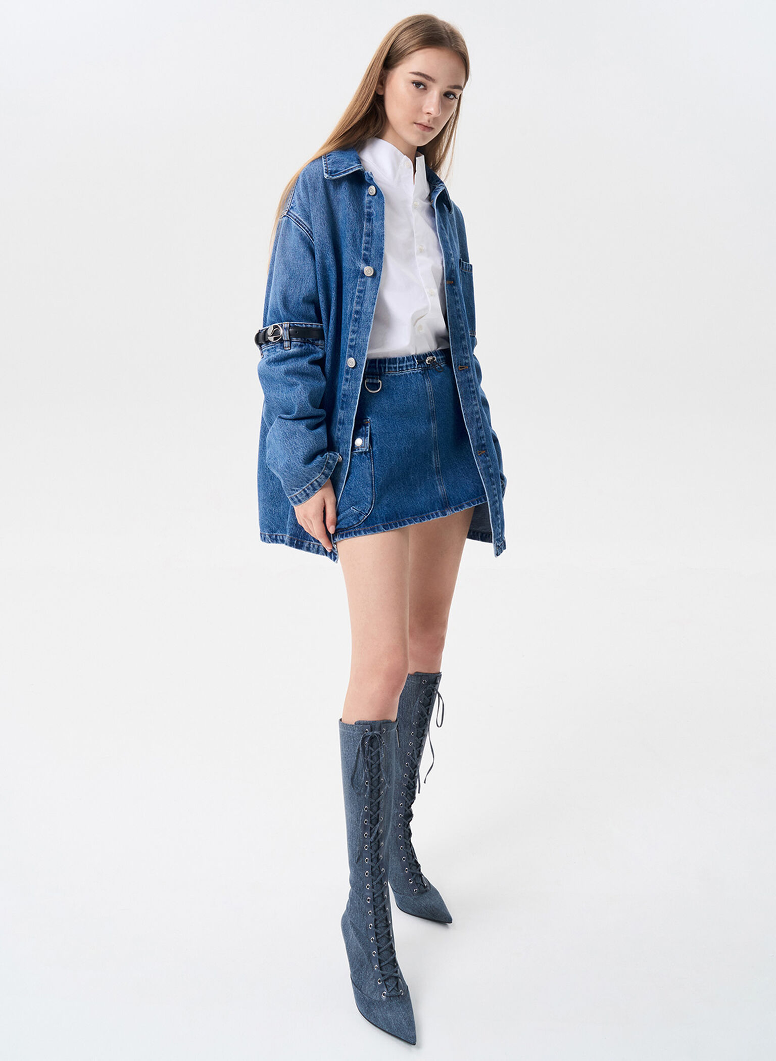 Denim Lace-Up Pointed-Toe Knee-High Boots, Denim Blue, hi-res