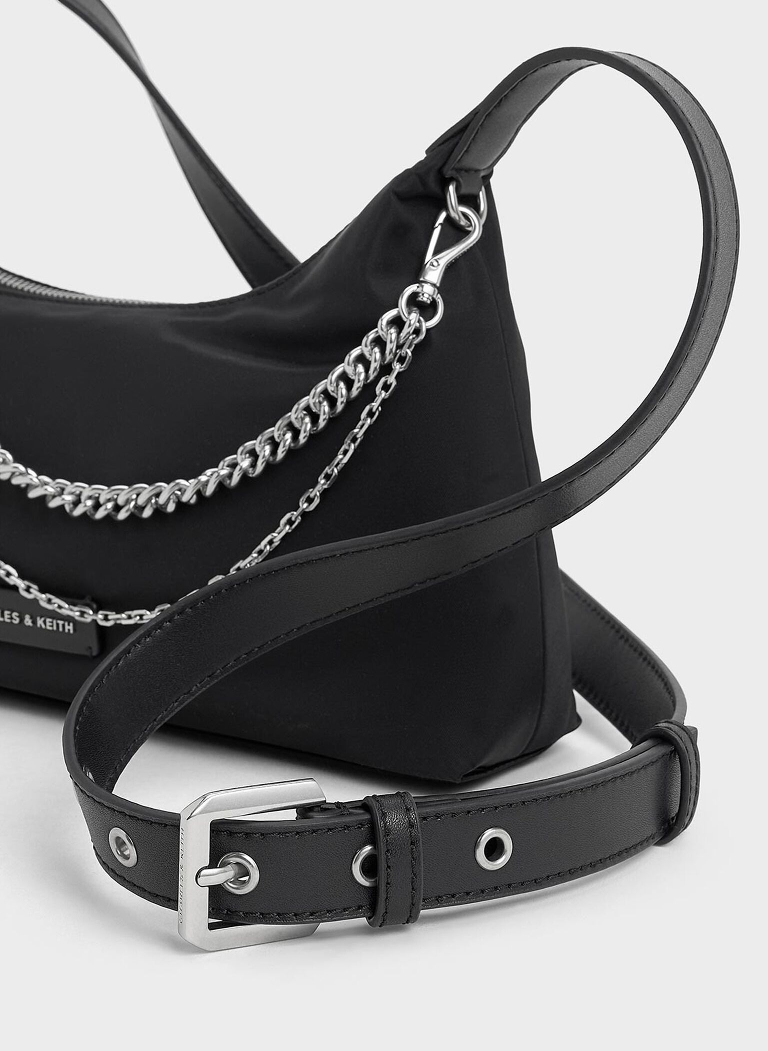 Nylon Chain-Link Trapeze Shoulder Bag, Noir, hi-res