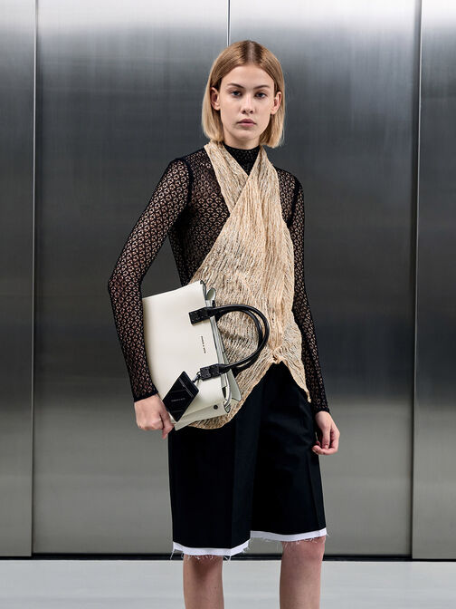 Double Top Handle Structured Bag, White, hi-res