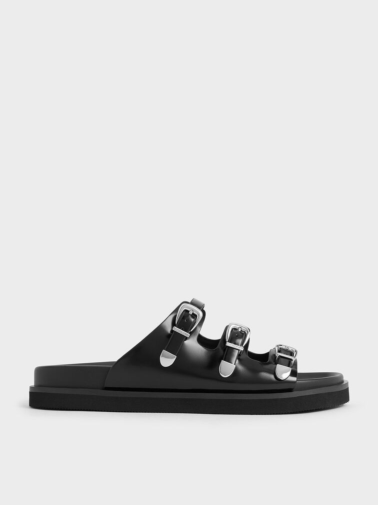 Buckled Triple-Strap Sandals, Black Box, hi-res