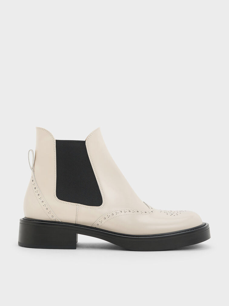 Brogue Leather Chelsea Boots, Chalk, hi-res