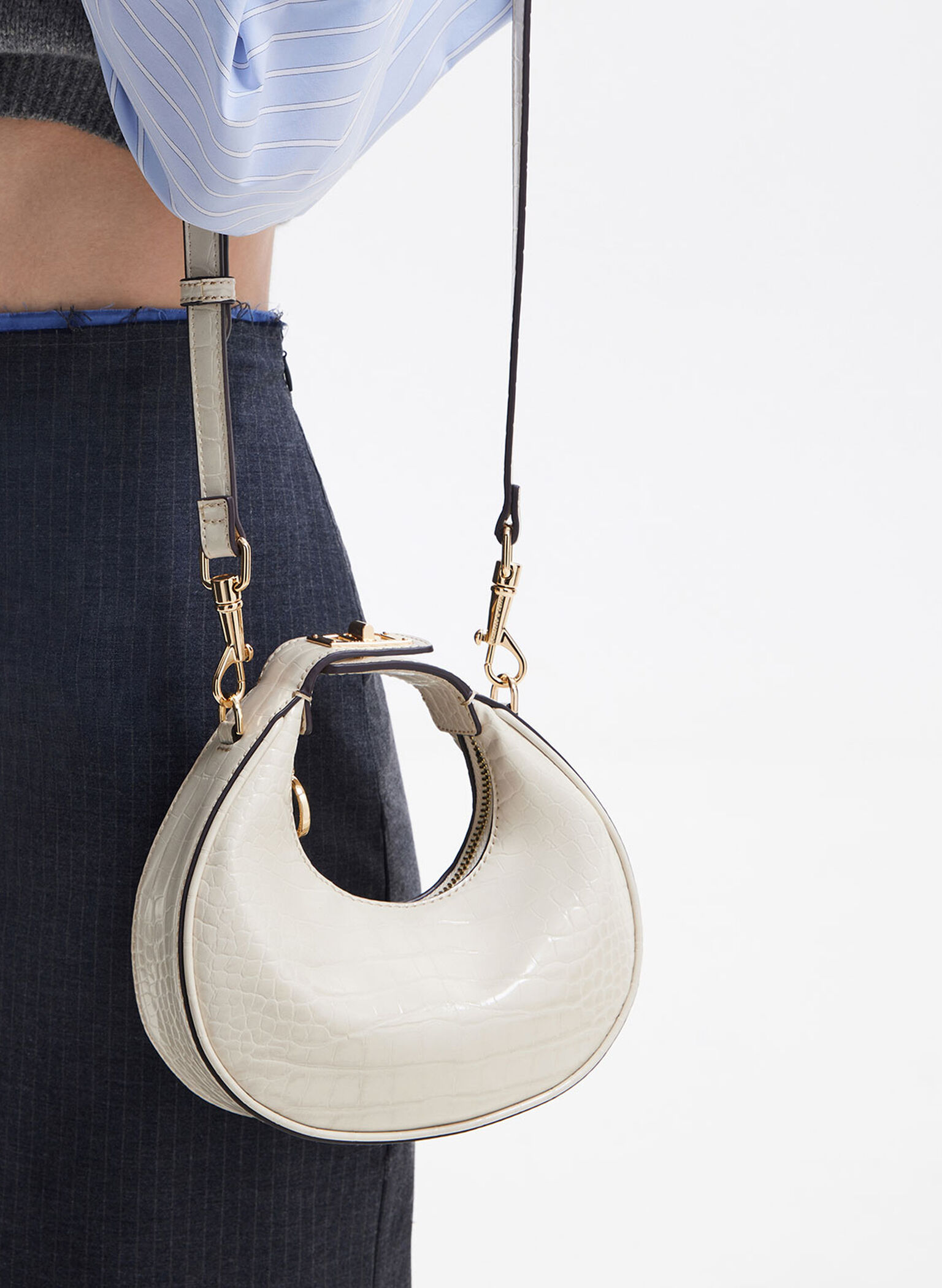 Mini Croc-Effect Moon Bag, Ivory, hi-res
