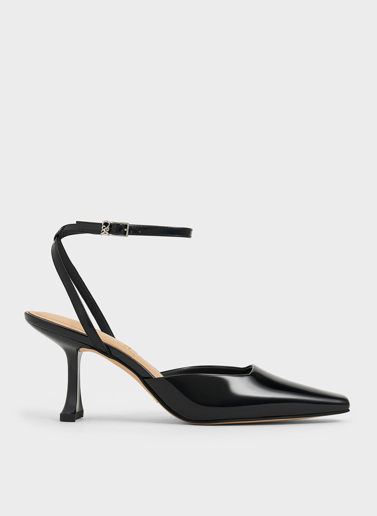 Leather Sculptural-Heel Ankle-Strap Pumps, Black Patent, hi-res
