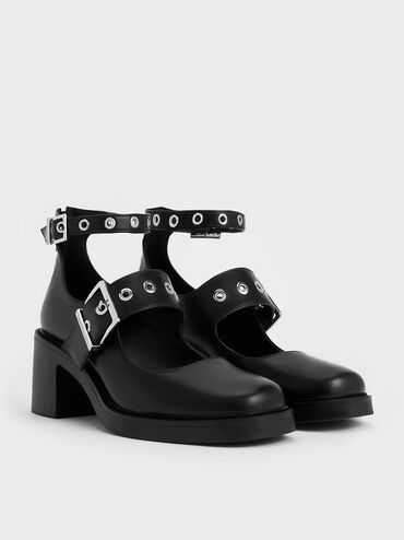 Grommet-Strap Mary Jane Pumps, Black, hi-res