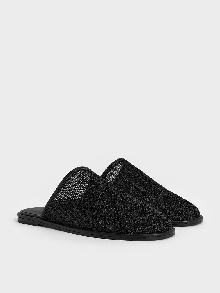 Mesh High-Vamp Flat Mules, Black Textured, hi-res
