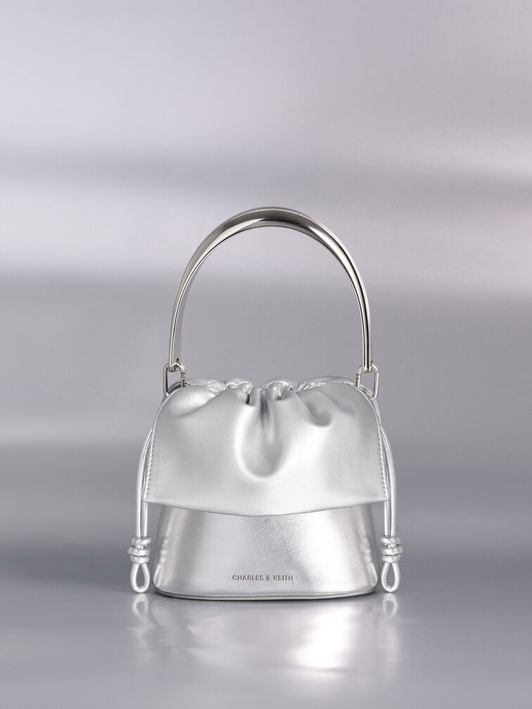 Metallic Ruched-Flap Drawstring Bucket Bag, Silver, hi-res
