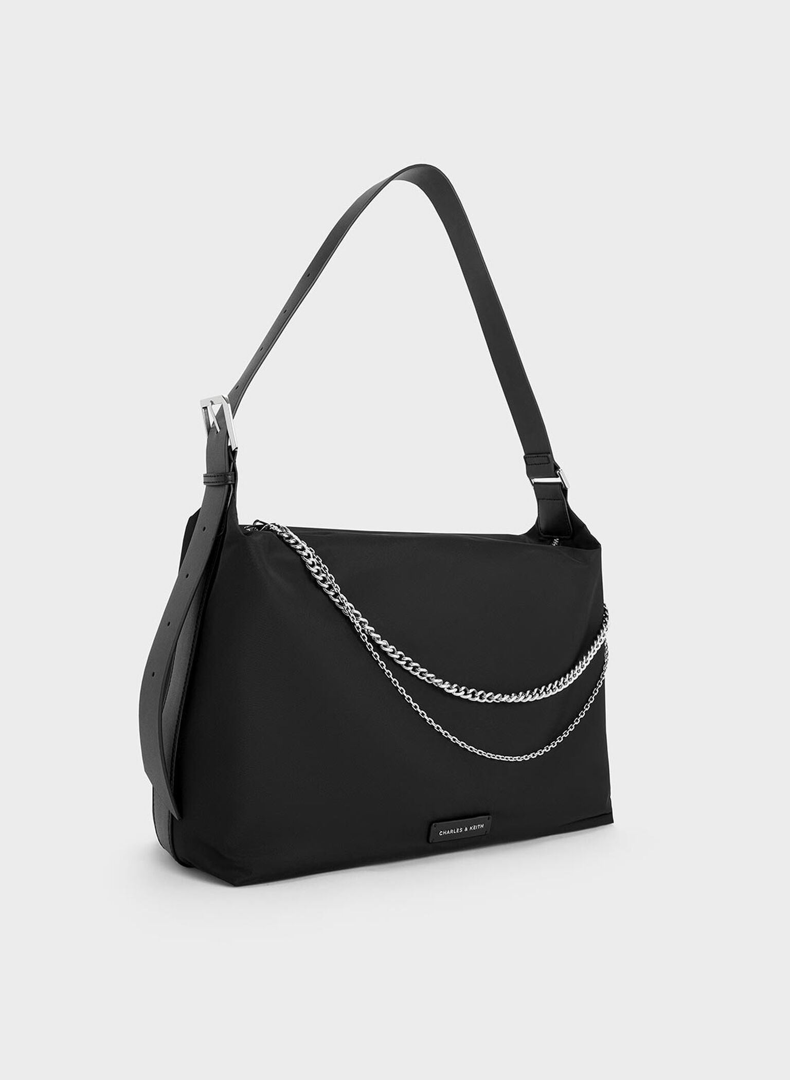 Nylon Chain-Link Slouchy Shoulder Bag, Noir, hi-res