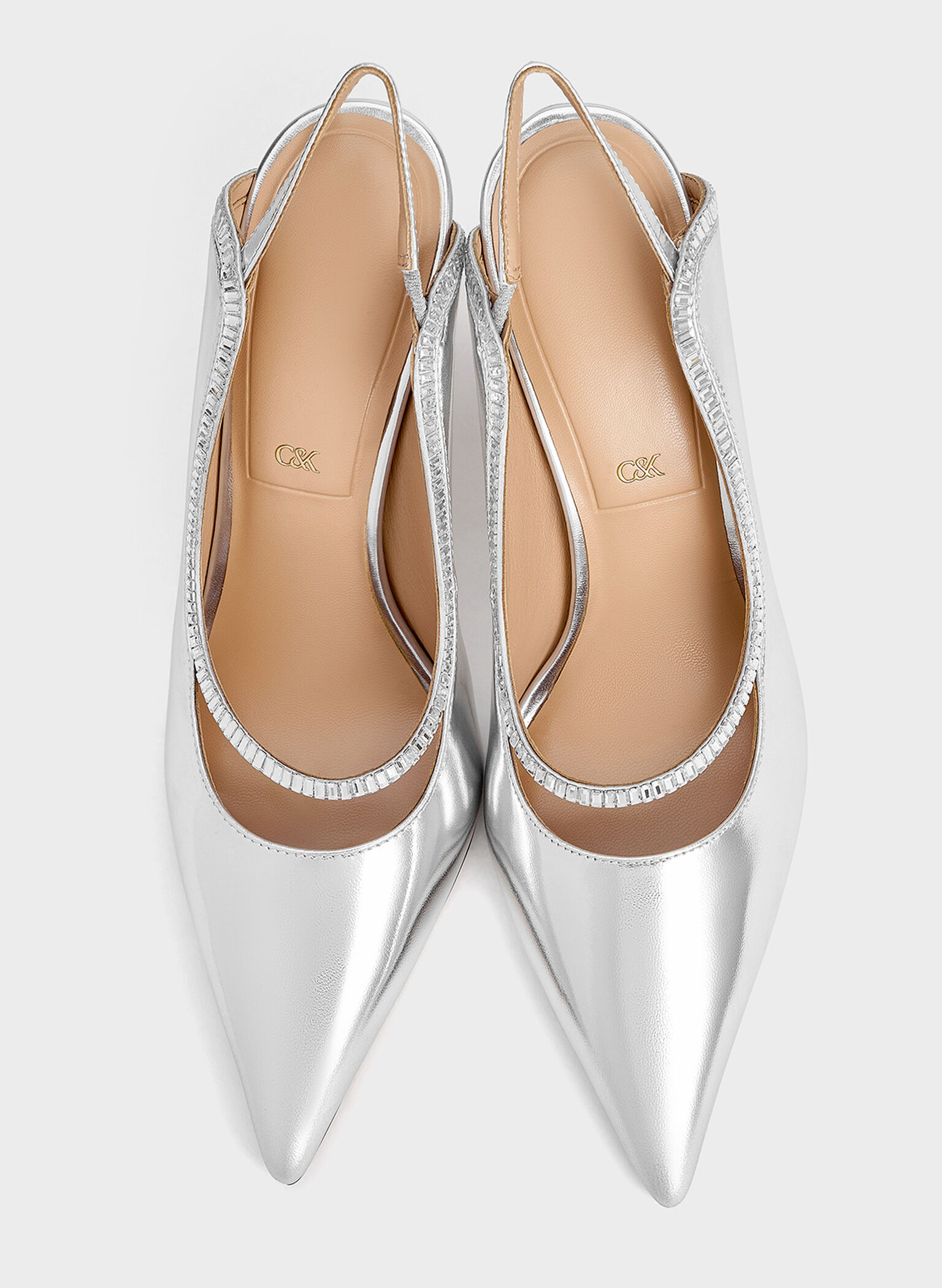 Leather & Satin Crystal-Embellished Pointed-Toe Slingback Pumps, Silver, hi-res