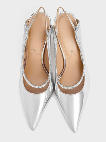 Leather & Satin Crystal-Embellished Pointed-Toe Slingback Pumps, Silver, hi-res