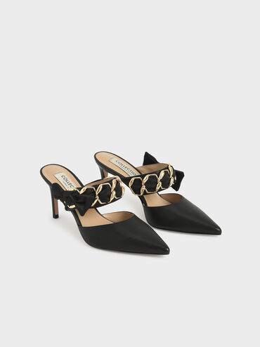 Satin Bow Leather Mules, Black, hi-res