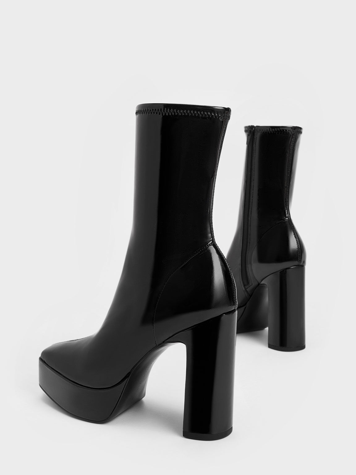 Black Patent Platform Block Heel Ankle Boots CHARLES KEITH UK