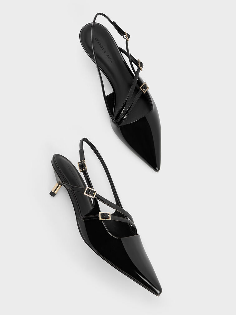 Patent Buckle-Strap Kitten Heel Slingback Pumps, Black Patent, hi-res