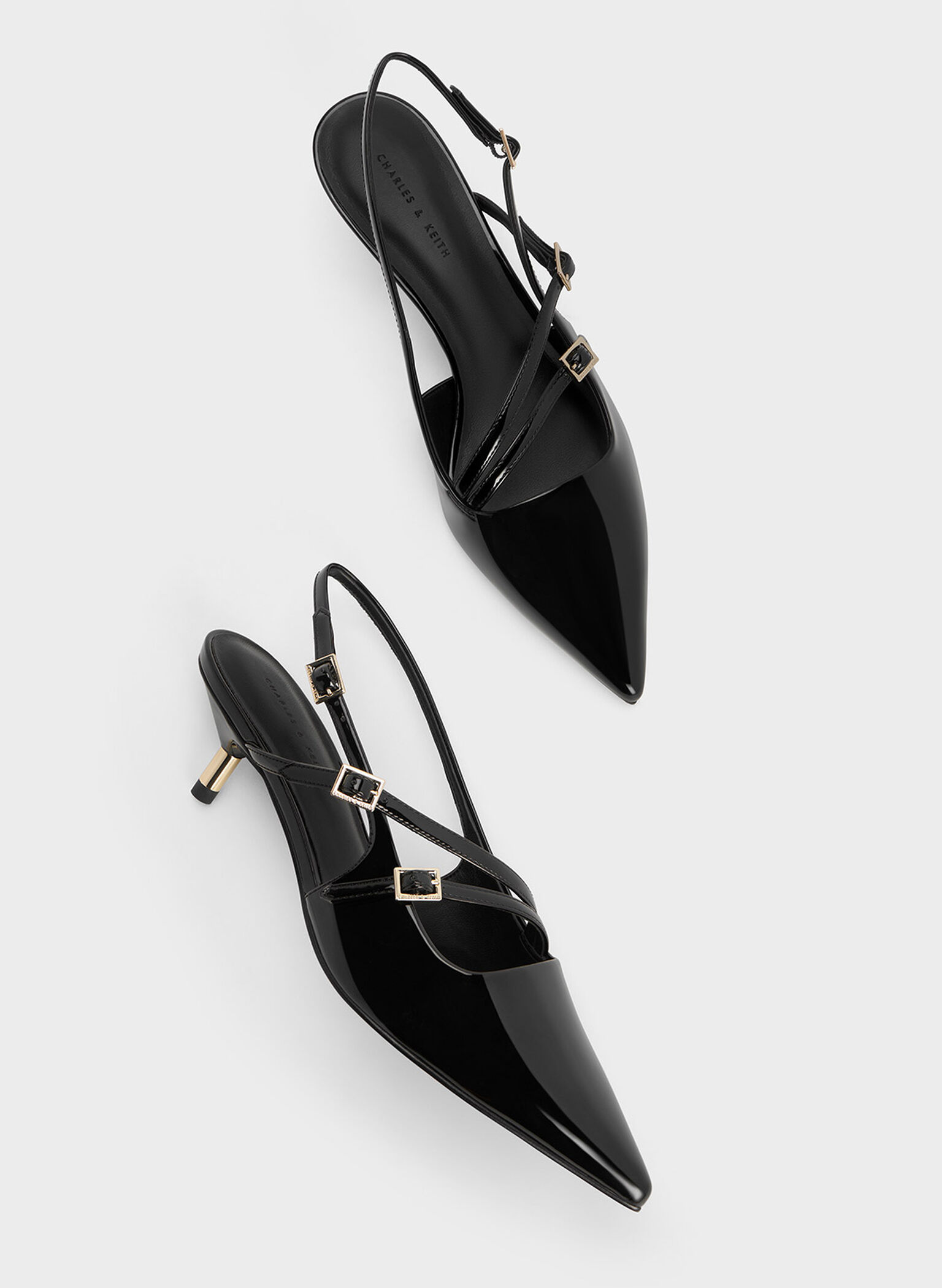 Patent Buckle-Strap Kitten Heel Slingback Pumps, Black Patent, hi-res