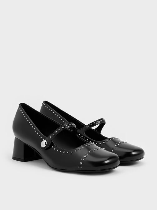 Studded Mary Jane Pumps, Black Box, hi-res