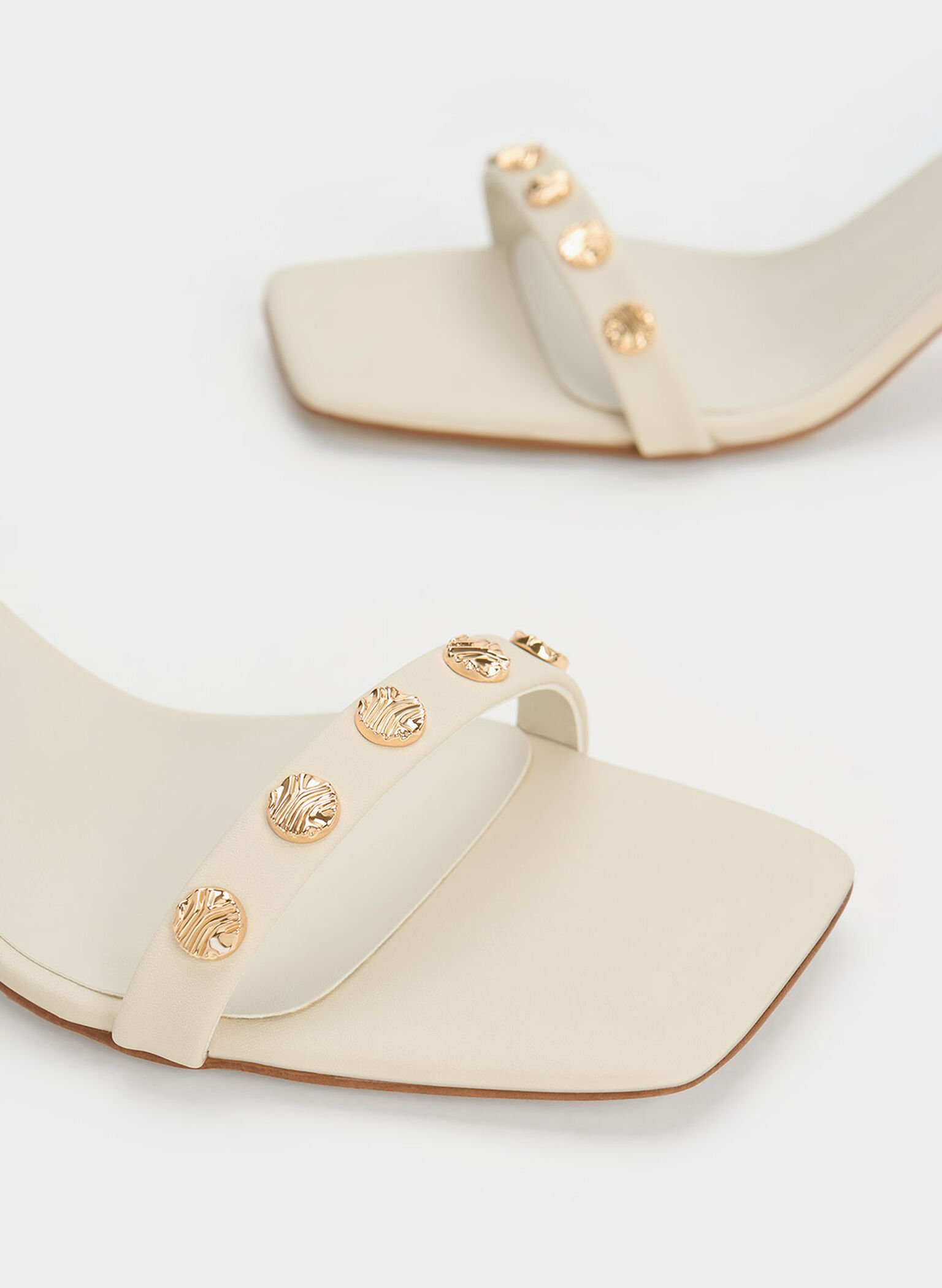 Studded Ankle-Strap Heeled Sandals, Chalk, hi-res