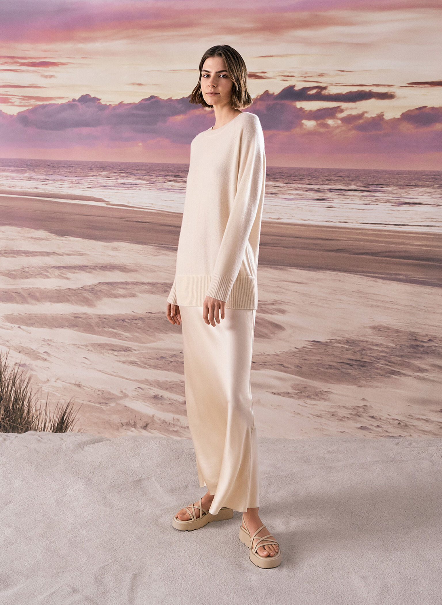 Strappy Ridged-Sole Flatform Sandals, Taupe, hi-res