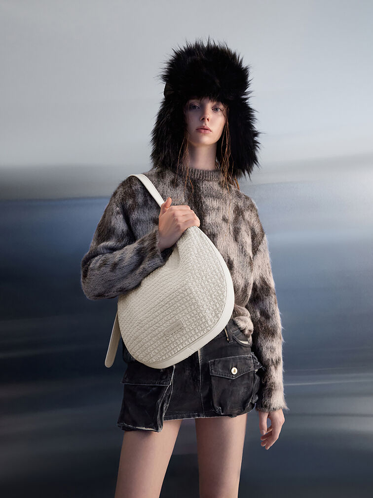 Textured Crescent Hobo Bag, Frosted White, hi-res